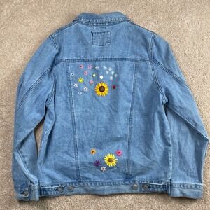 Soul Siblings Denim Jean Jacket Embroidered Flowers Charlie‎ Custom Light Wash